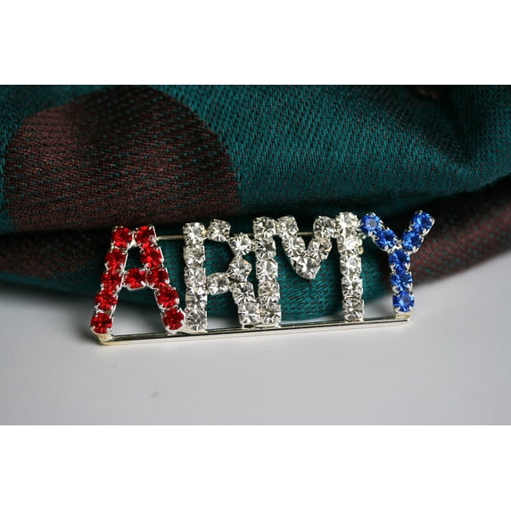 Military Rhinestone Logo Clear Crystal ARMY Pin Red White Bule Letter ARMY Brooch Rhinestone ...
