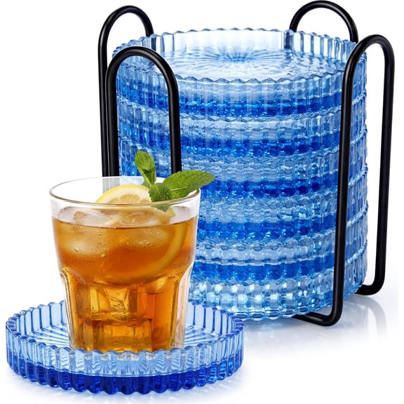 Clear Crystal Coaster Set with Holder Glass Coasters for Drinks Round Cup Coasters Glass Candle Holder for Table Kitchen Bar Restaurant
