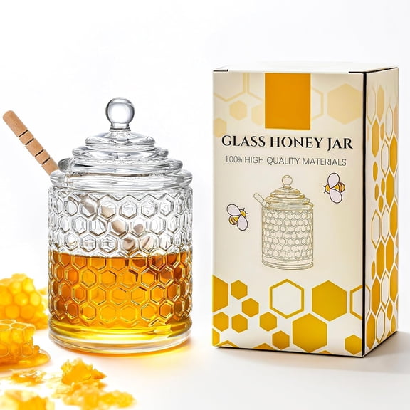 Clear Crystal Honey Pot with Dipper and Lid Glass Honey Jar with Dispenser Honey Holder and Syrup Container for Christmas Home Kitchen Decor,9 oz