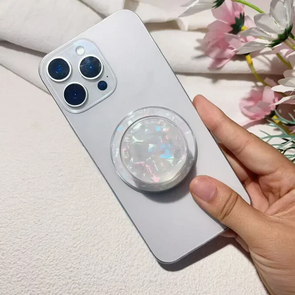 Clear Crystal Natural Sea Shell Mother of Pearl Transparent Magnetic Phone Grip Compatible with Magsafe,Collapsible Mobile Phones Stand Holder for Smartphone Tablet