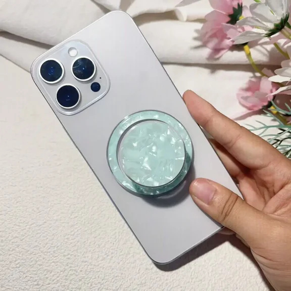 Clear Crystal Natural Sea Shell Mother of Pearl Transparent Magnetic Phone Grip Compatible with Magsafe,Collapsible Mobile Phones Stand Holder for Smartphone Tablet