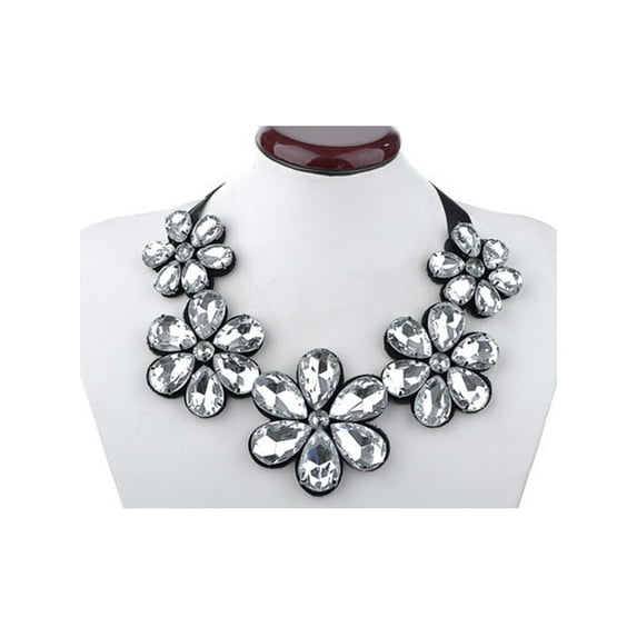 Clear Crystal Rhinestone Five Flower Statement Ribbon Tie Necklace