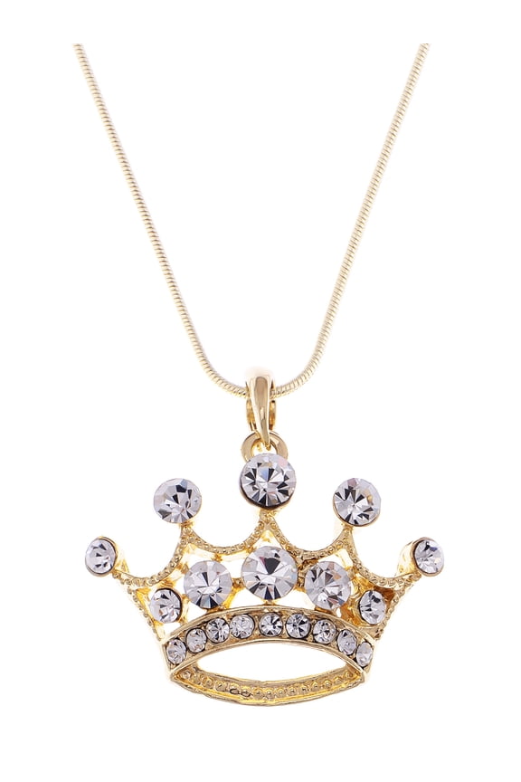 Clear Crystal Rhinestone Gold Emperor Royal Crown King Queens Pendant Necklace