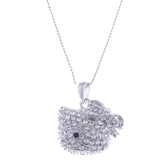 Clear Crystal Rhinestone Kitty Mimi Cat Wink Bow Hair Pendant Necklace