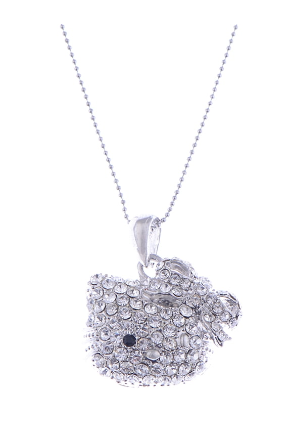 Clear Crystal Rhinestone Kitty Mimi Cat Wink Bow Hair Pendant Necklace