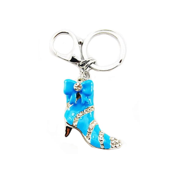 Clear Crystal Rhinestone Turquoise Blue Color Enamel Girly Boot Stiletto Heel Keychain