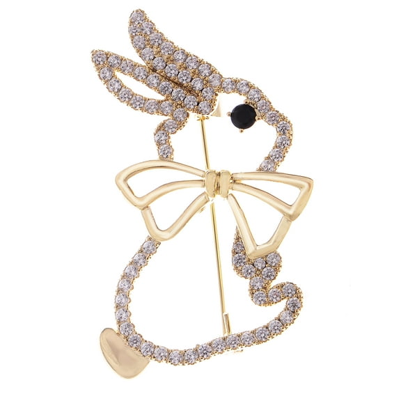 Clear Crystal Rhinestones Cutout Bunny Rabbit Brooch Pin for Easter, Gold Bow