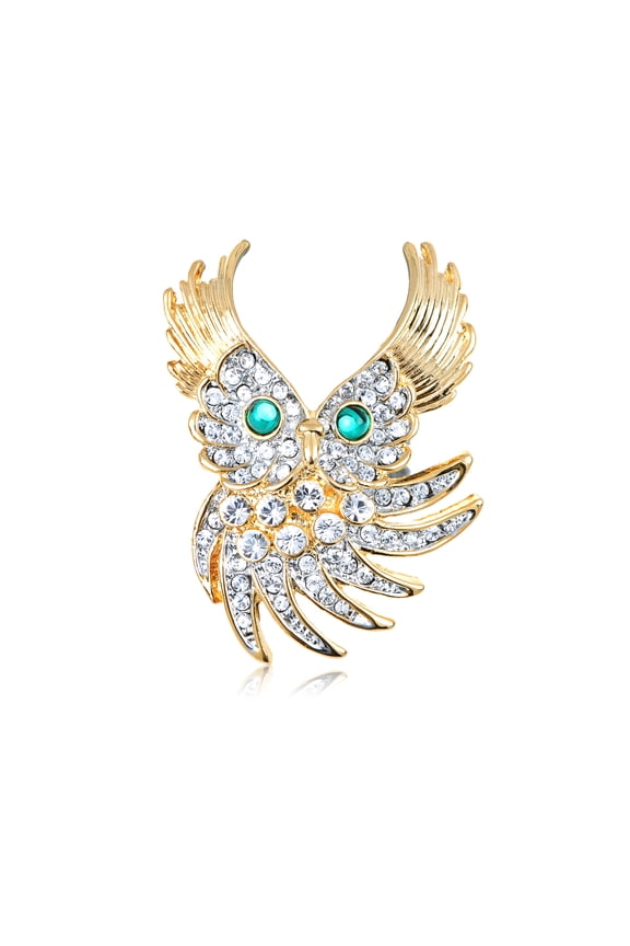 Clear Crystal Rhinestones Gold Tone Hooting Owl Pin Bridal Bouquet Brooch