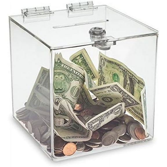 Clear Cube Donation Box With Cam Lock Suggestion Registration Raffle Bin (Small 6 Inch)