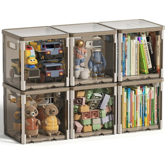 Clear Cube Storage Bins - 10.5'' x 10.5'' Stackable Storage Bins with Lids 6 Pack Foldable Storage Box Plastic Toys Cube Organizer Cubby Container for Closet Shelf Classroom Office (Brown)