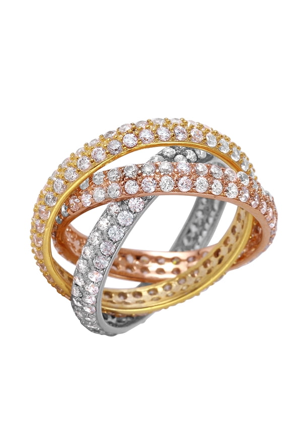 Clear Cubic Zircoina Puzzle Stackable Ring Tri-Tone Plated Sterling Silver Size 5