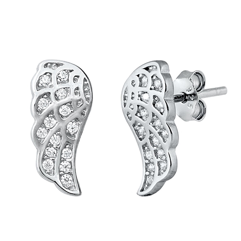 Clear Cubic Zirconia Angel Wings Stud Earrings Sterling Silver