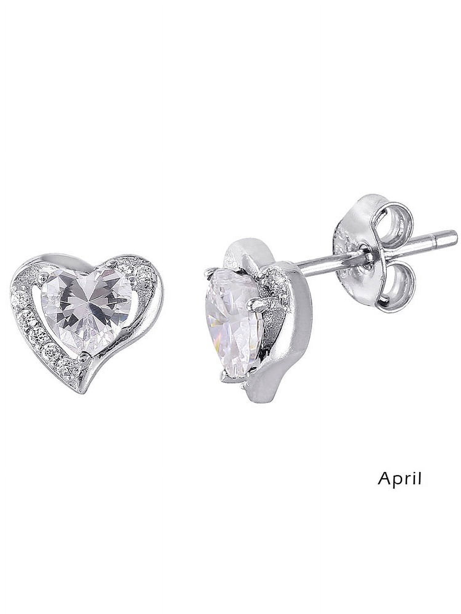 Clear Cubic Zirconia April Birthstone Heart Earrings Rhodium Plated Sterling Silver