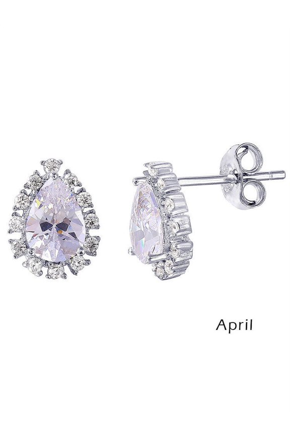 Clear Cubic Zirconia April Birthstone Heart Earrings Rhodium Plated Sterling Silver
