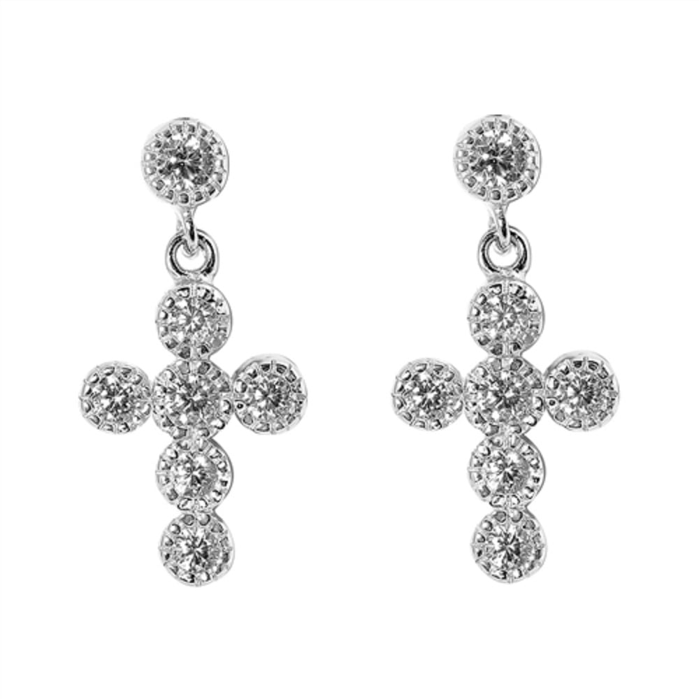 Clear Cubic Zirconia Beaded Dangling Cross Earrings Sterling Silver
