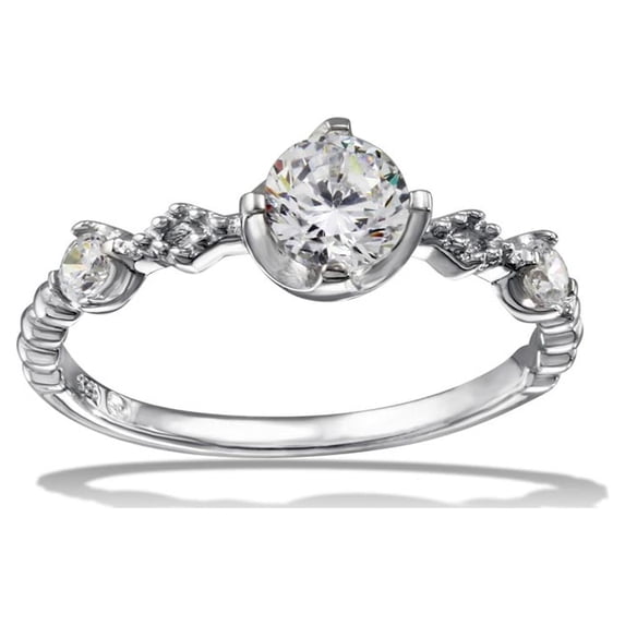 Clear Cubic Zirconia Beaded Shank Ring Rhodium Plated Sterling Silver Size 7