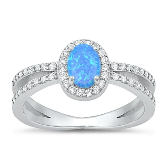 Clear Cubic Zirconia Blue Simulated Opal Ring .925 Sterling Silver Band White Jewelry Female Size 6