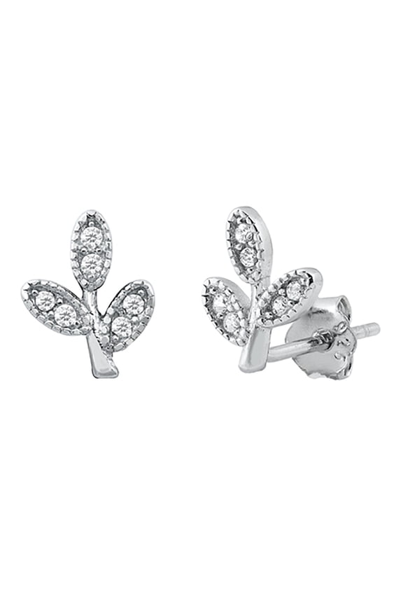 Clear Cubic Zirconia Branch Leaves Stud Earrings Sterling Silver