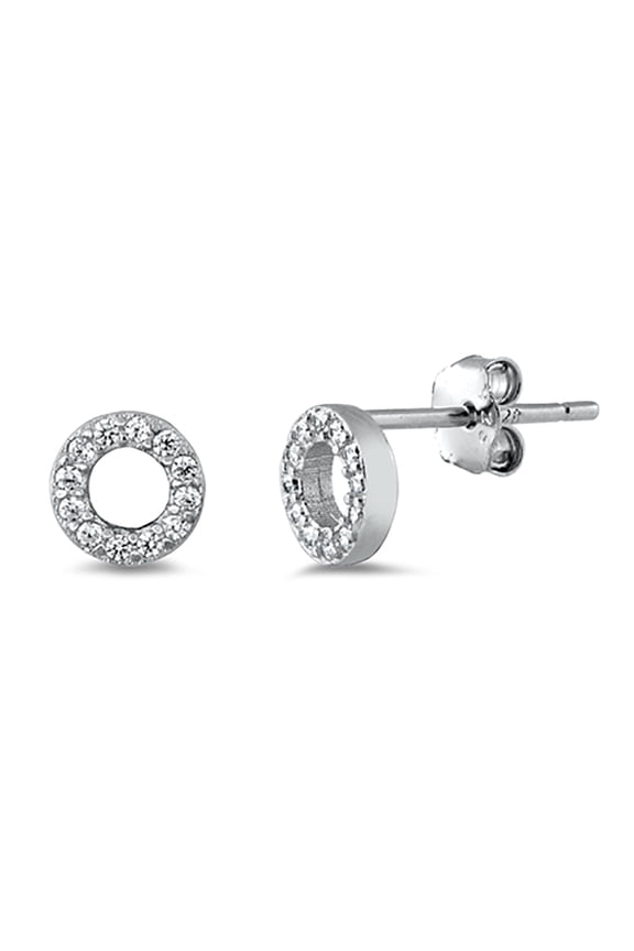 Clear Cubic Zirconia Circle Design Stud Earrings Sterling Silver