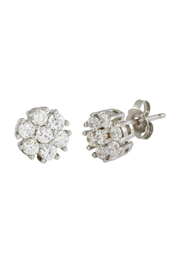 Clear Cubic Zirconia Cluster Flower Stud Earrings Rhodium Plated Sterling Silver