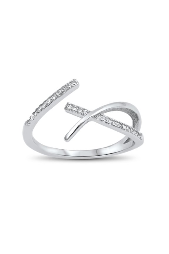 Clear Cubic Zirconia Criss Cross Design Ring Sterling Silver