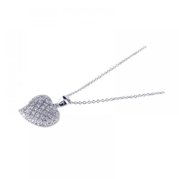 Clear Cubic Zirconia Criss Cross Tiling Pattern Heart Necklace Rhodium Plated Sterling Silver