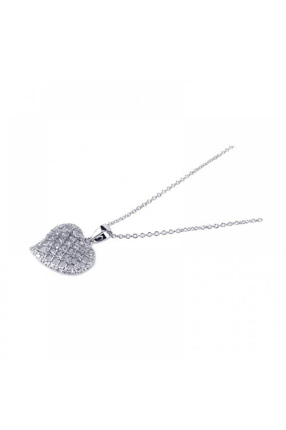 Clear Cubic Zirconia Criss Cross Tiling Pattern Heart Necklace Rhodium Plated Sterling Silver