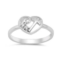 Clear Cubic Zirconia Cross In Heart Ring Sterling Silver