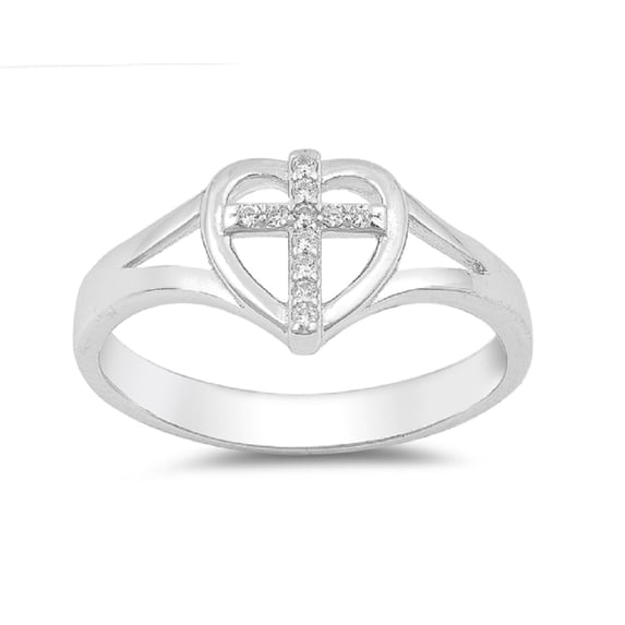 Clear Cubic Zirconia Cross In Heart Split Shank Ring Sterling Silver