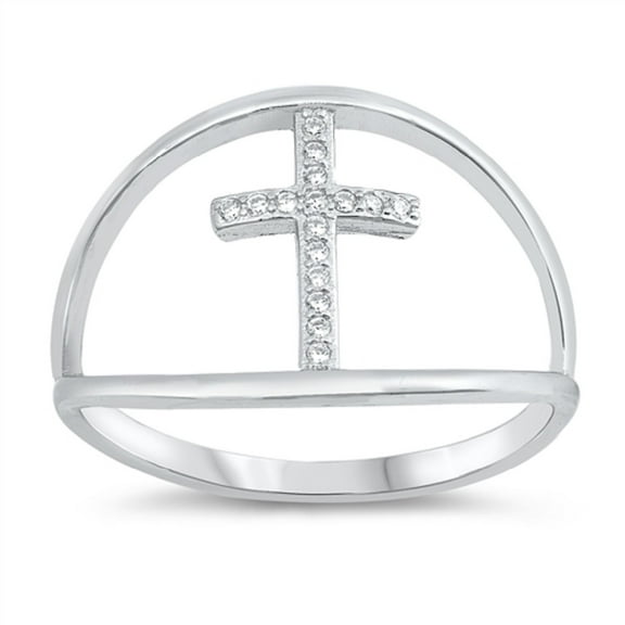 Clear Cubic Zirconia Cross Split Shank Ring Sterling Silver Size 6
