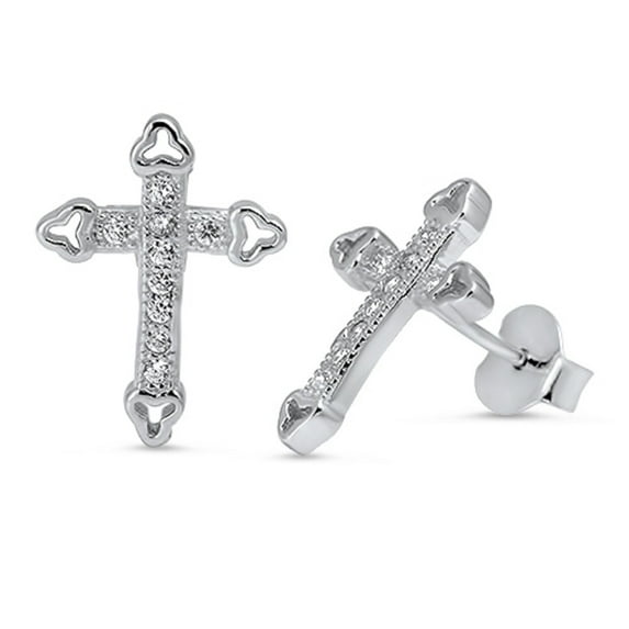 Clear Cubic Zirconia Cross Stud Earring Sterling Silver