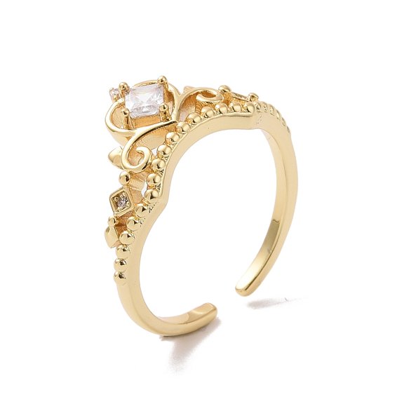 Clear Cubic Zirconia Crown Open Cuff Ring Brass Jewelry for Women Cadmium Free & Lead Free Real 18K golden Plated Size 6 1/4(16.7mm)