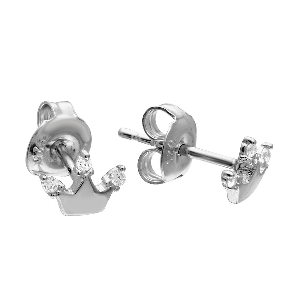 Clear Cubic Zirconia Crown Stud Earrings Rhodium Plated Sterling Silver