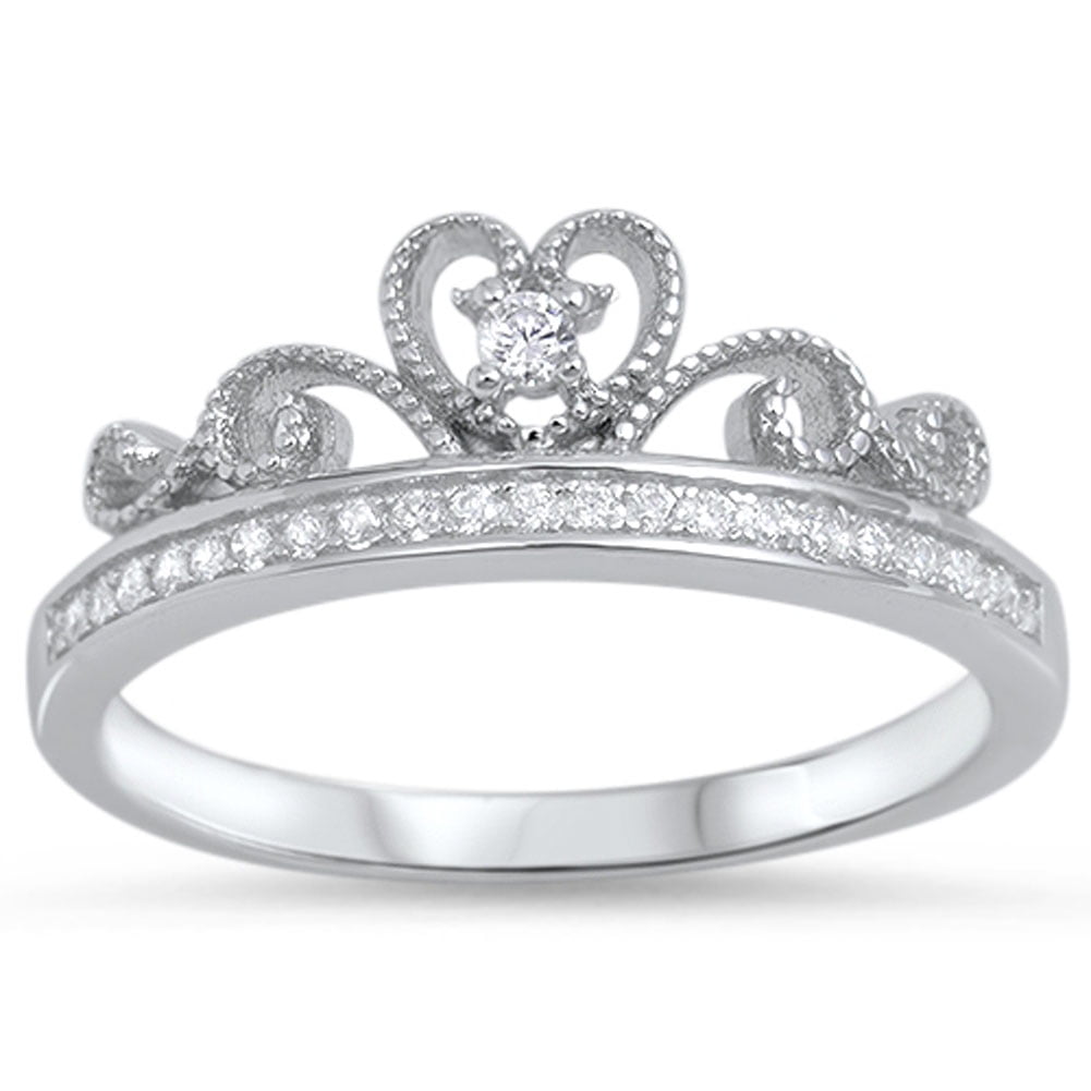 Clear Cubic Zirconia Crown Tiara Ring .925 Sterling Silver Band White ...