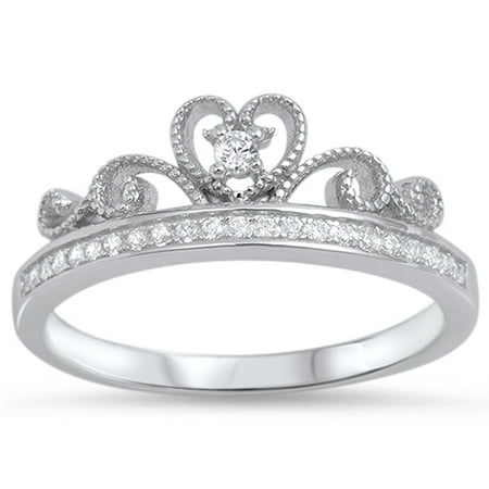 Clear Cubic Zirconia Crown Tiara Ring .925 Sterling Silver Band White Jewelry Female Male Size 11