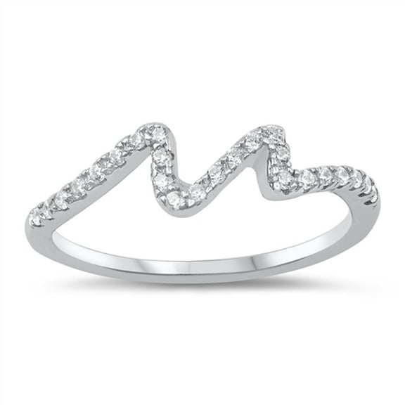 Clear Cubic Zirconia Cursive Wave Zig Zag Dainty Ring .925 Sterling Silver Band White Female Size 10