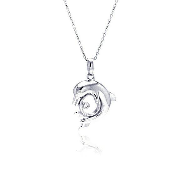 Clear Cubic Zirconia Cute Dolphin Necklace Rhodium Plated Sterling Silver