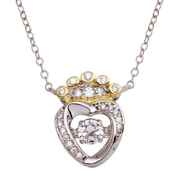 Clear Cubic Zirconia Dancing Center Crown Heart Necklace Sterling Silver