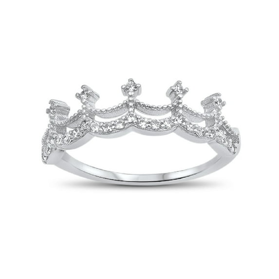 Clear Cubic Zirconia Decorated Crown Ring Sterling Silver