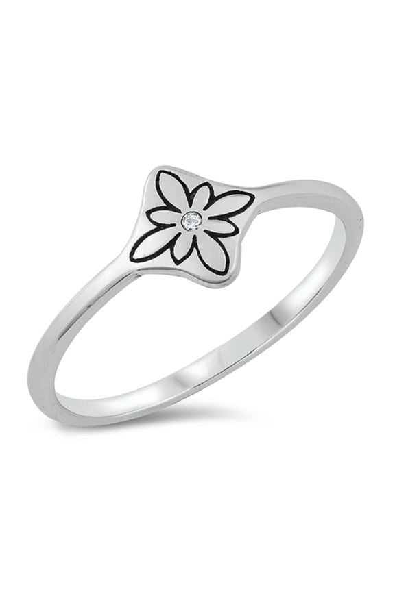 Clear Cubic Zirconia Decorated Flower Ring Sterling Silver Size 10