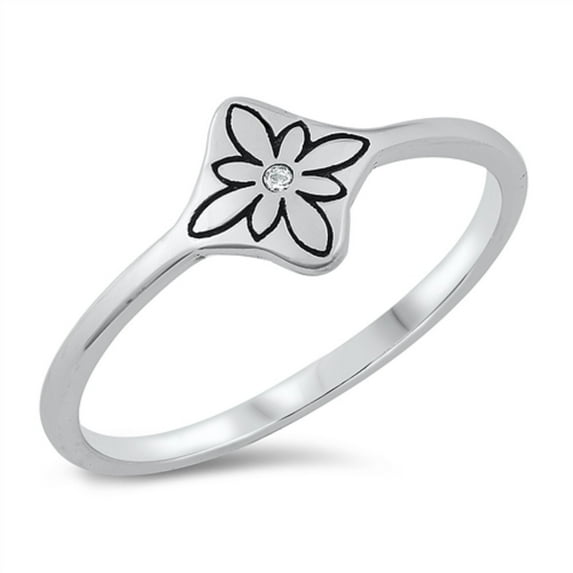 Clear Cubic Zirconia Decorated Flower Ring Sterling Silver Size 7