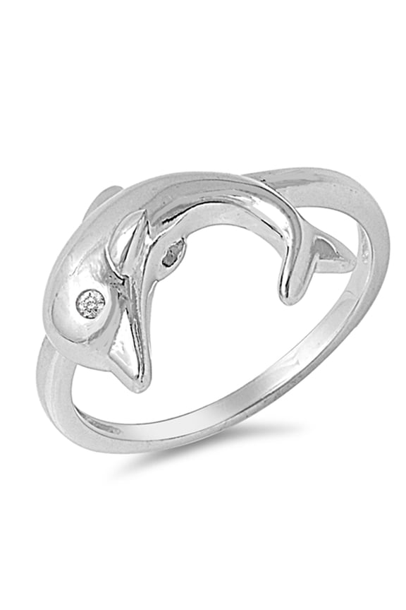 Clear Cubic Zirconia Dolphin Animal Ring .925 Sterling Silver Band White Jewelry Female Male Size 5
