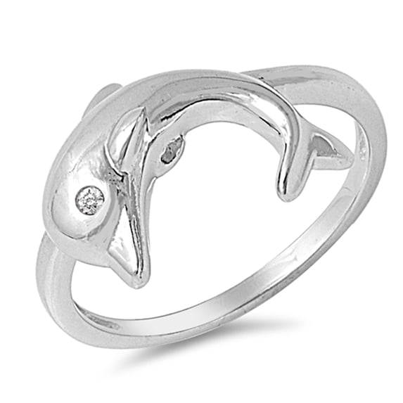 Clear Cubic Zirconia Dolphin Animal Ring .925 Sterling Silver Band White Jewelry Female Male Size 6