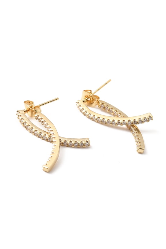 Clear Cubic Zirconia Double Curved Bar Front Back Dangle Stud Earrings Brass Jewelry for Women Lead Free & Cadmium Free & Nickel Free Real 18K golden Plated 31x4mm Pin: 0.7mm
