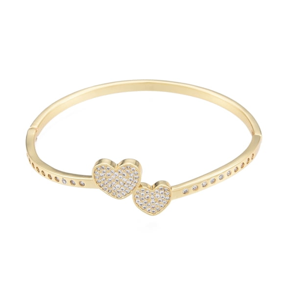 Clear Cubic Zirconia Double Heart Bangles Brass Jewelry for Women Real 18K golden Plated Inner Diameter: 2-1/8x2-3/8 inch(5.3x6.05cm)