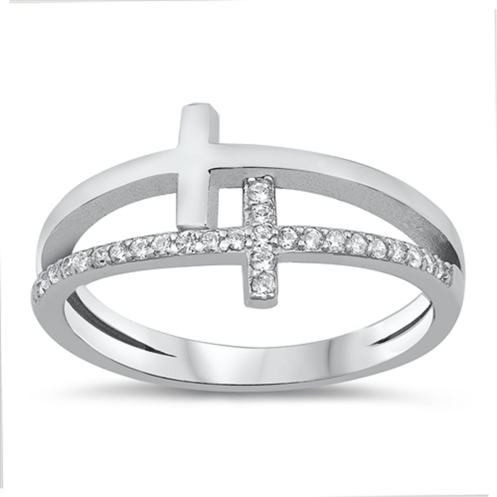 Double Line Cross Ring【Casual】（Silver） Double Sideways Cross Christian Ring New .925 Sterling