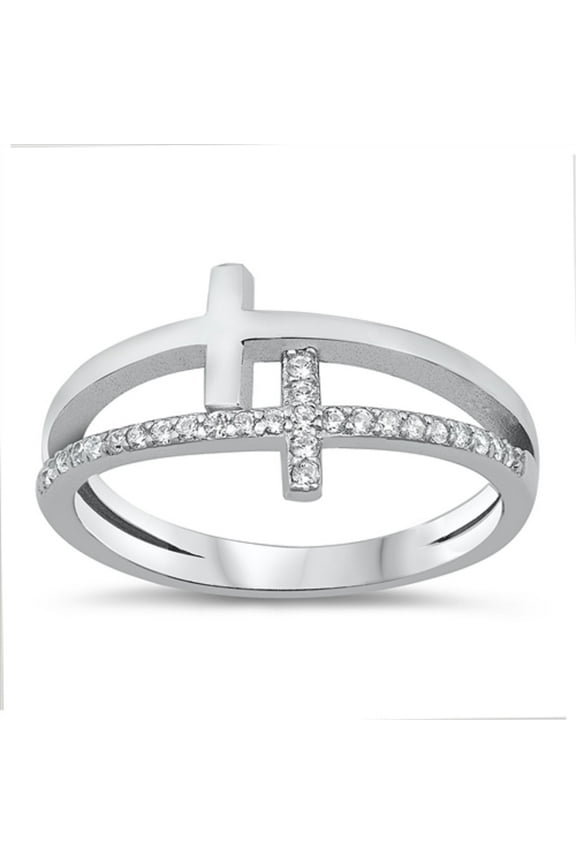 Clear Cubic Zirconia Double Sideway Cross Ring Sterling Silver Size 8