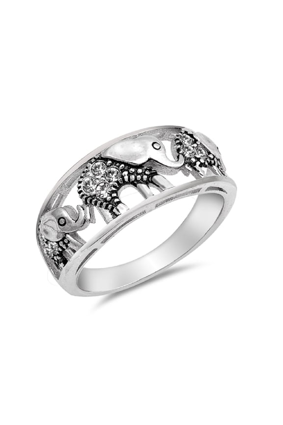 Clear Cubic Zirconia Elephant Migration Ring Sterling Silver