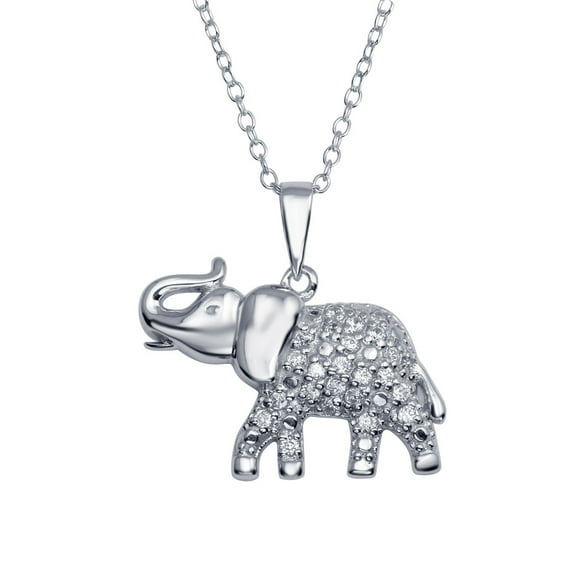Clear Cubic Zirconia Elephant Necklace Rhodium Plated Sterling Silver