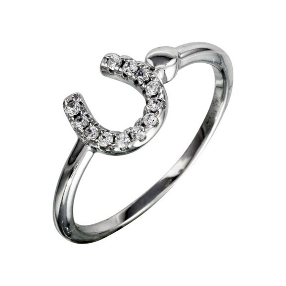 Clear Cubic Zirconia Encrusted Horseshoe Ring Rhodium Plated Sterling Silver Size 7